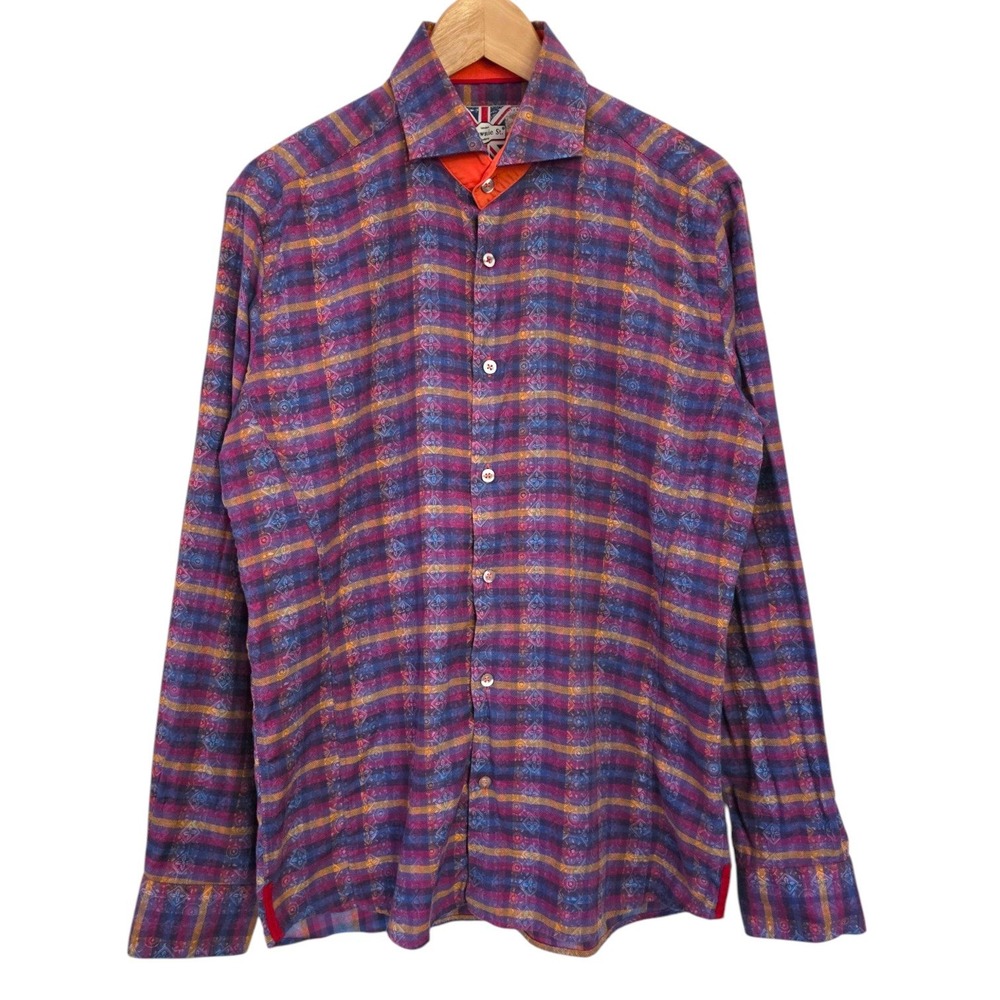 7 Downie St Colourful Plaid Button Up Sport Shirt 4 Medium Purple Orange Madras